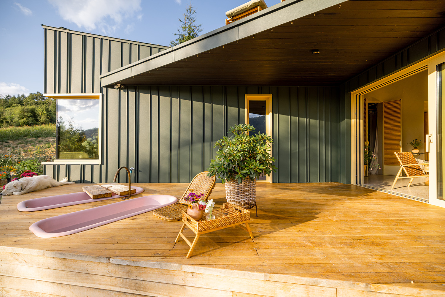 Outdoor deck area featuring dark green panel walls and a bright yellow door frame. Natural light creates contrast, leading to an inviting atmosphere with visible interior wooden elements